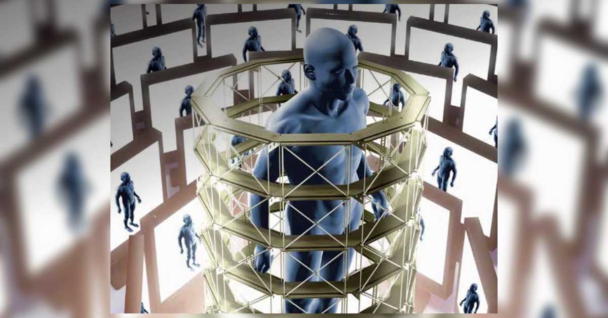 A man stands elevated on a tower of people, illustrating the theme of renewal in "The New Renaissance: The World Revived."