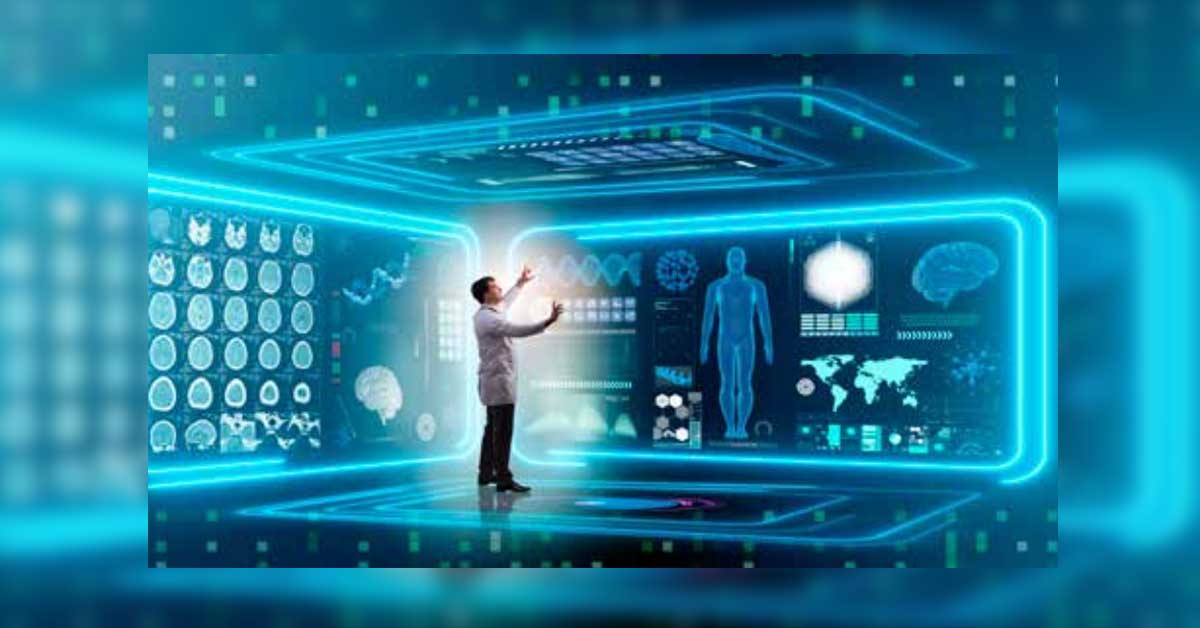 A man stands before a futuristic computer screen in a modern digital workplace setting. Photo from JOY by Adjiedj Bakas.