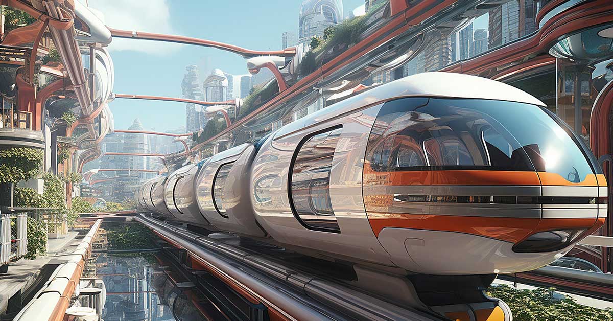 A sleek futuristic train glides through a vibrant cityscape, symbolizing advanced travel and transport technology. Image by brian howard from Pixabay