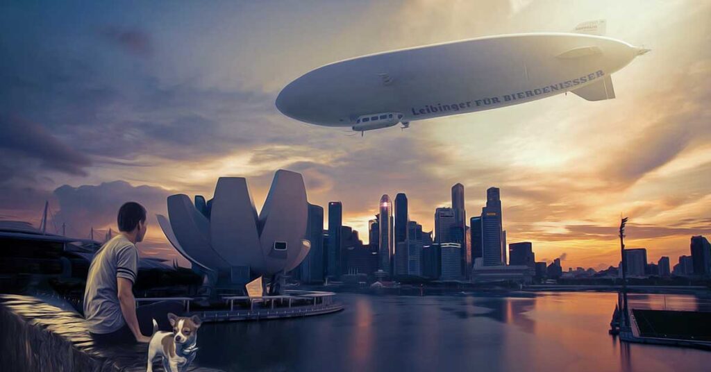 A man sits on a bench, gazing at a large blimp flying over a city skyline, suggesting 'Future Travel & Transport'. Photo: Enrique Meseguer from Pixabay
