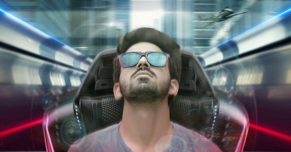 Young man immersed in futuristic virtual reality experience, symbolizing technology innovation and digital transformation – Trends Shaping the Future